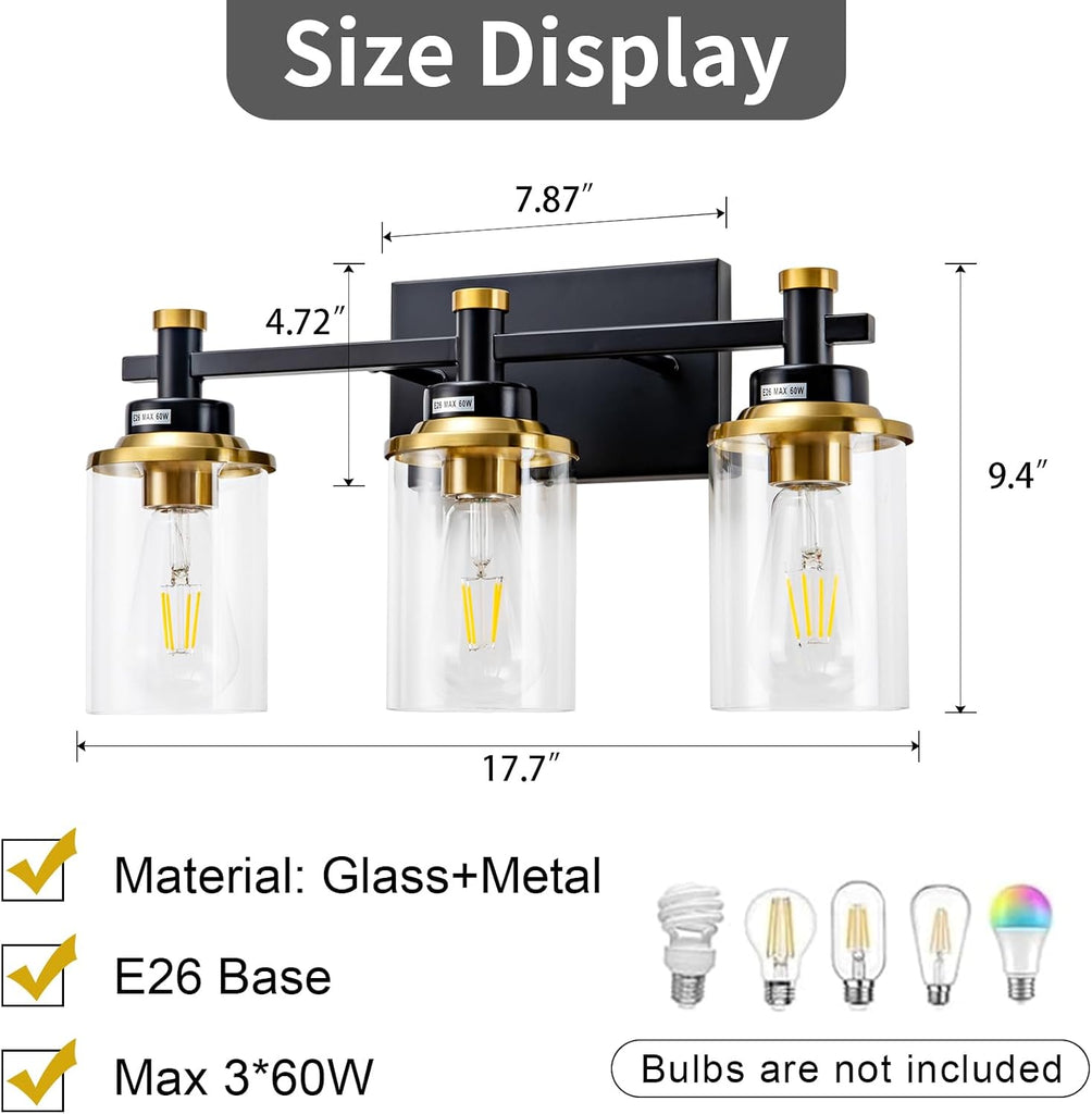 3 Light Bathroom Light Fixtures, Black and Brushed Gold Vanity Light Fixture Over Mirror, Modern Wall Sconces