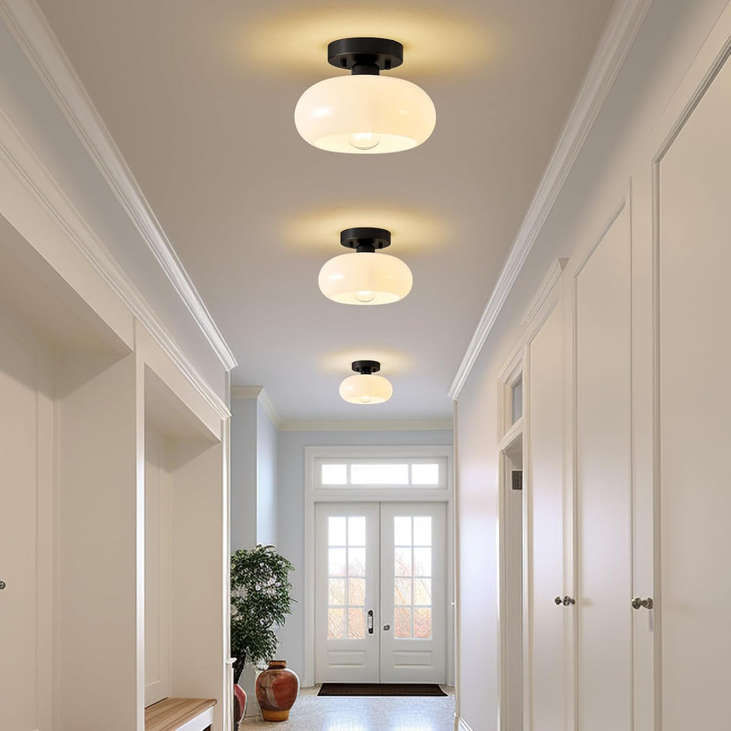 Mid-Century Modern Black Semi Flush Ceiling Light 8.66 Inch | Mini White Glass Shade Close to Ceiling Lighting