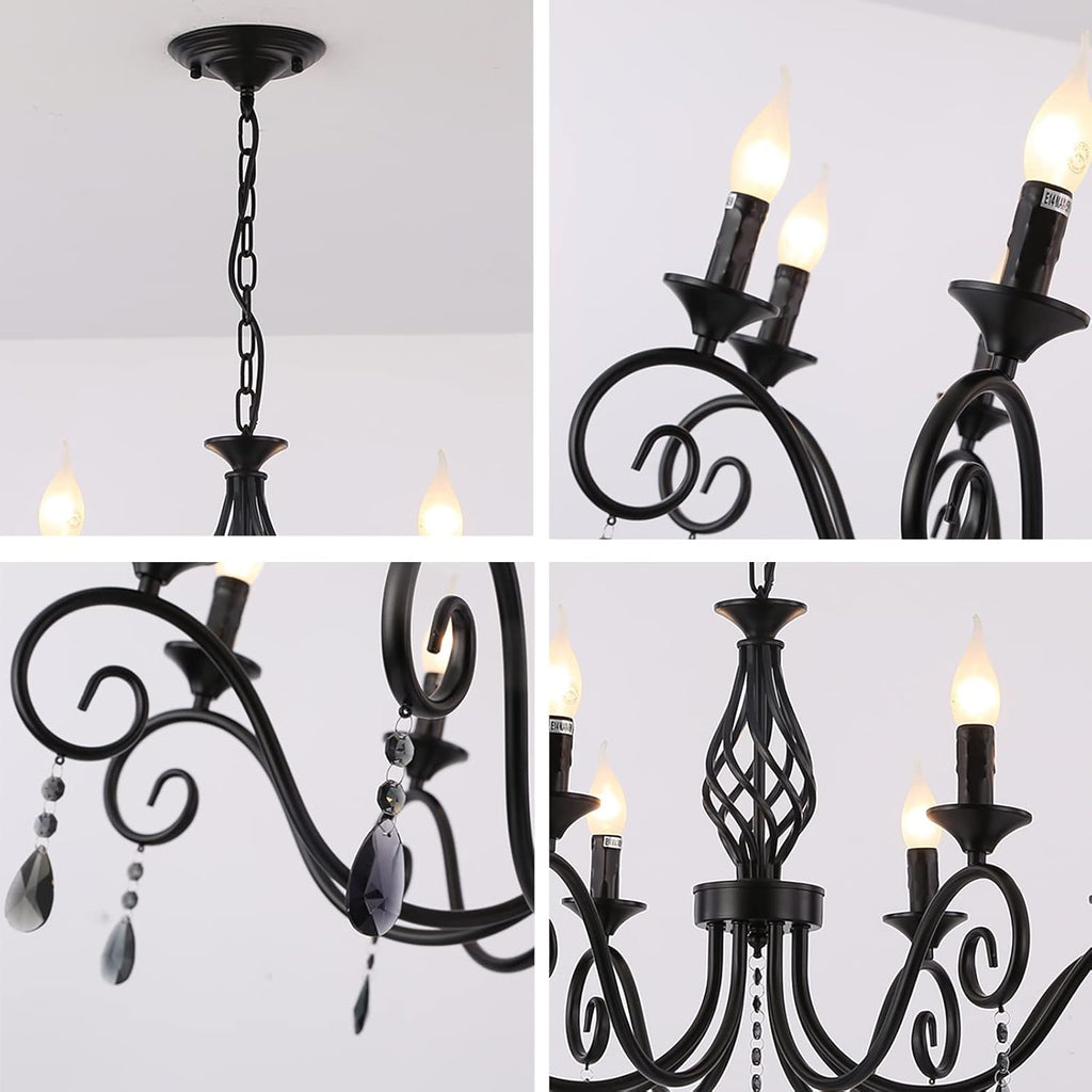 Chandeliers,8-Light French Country Crystal Candle Chandelier,Industrial Black Vintage Pendant Light Fixture Hanging Lights for Living Room Kitchen Dinner Room Island Kitchen