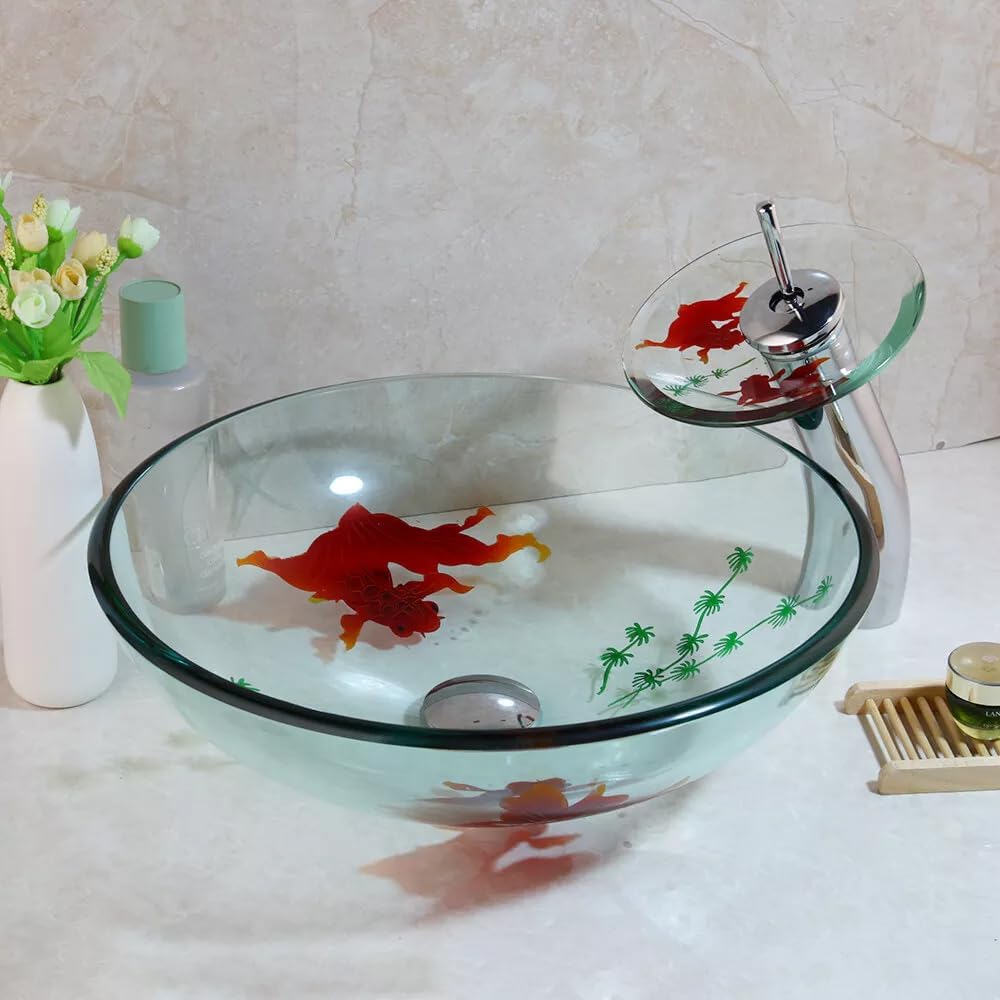 Clear Bathroom Sink Hand Painting Gold Fish Tempered Glass Vessel Sink Basin with Waterfall Faucet and Drain