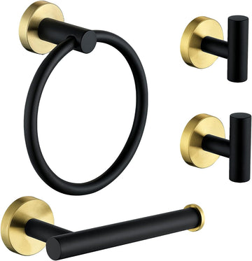 4 Piece Stainless Steel Matte Black and Brushed Gold Bathroom Hardware Set Include Hand Towel Ring Holder, Toilet