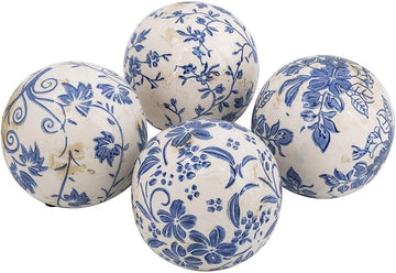 Set of 4 Ceramic Decorative Spheres - Handcrafted Blue and White Floral Orbs Decor, Tabletop Accent, Shelf Display