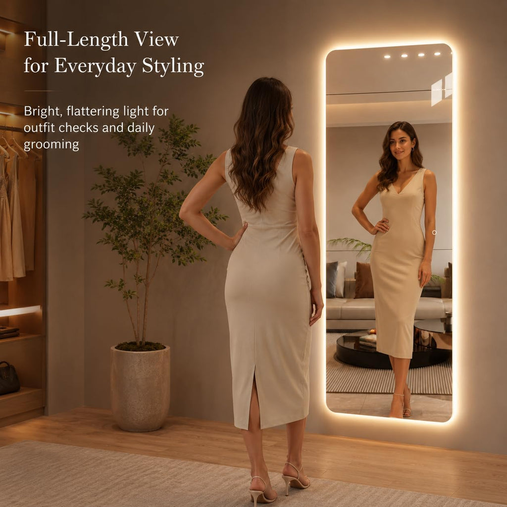 65" L x 24" W Rectangular Frameless LED Full Length Mirror with Lights, Rounded Corner Full Body Wall
