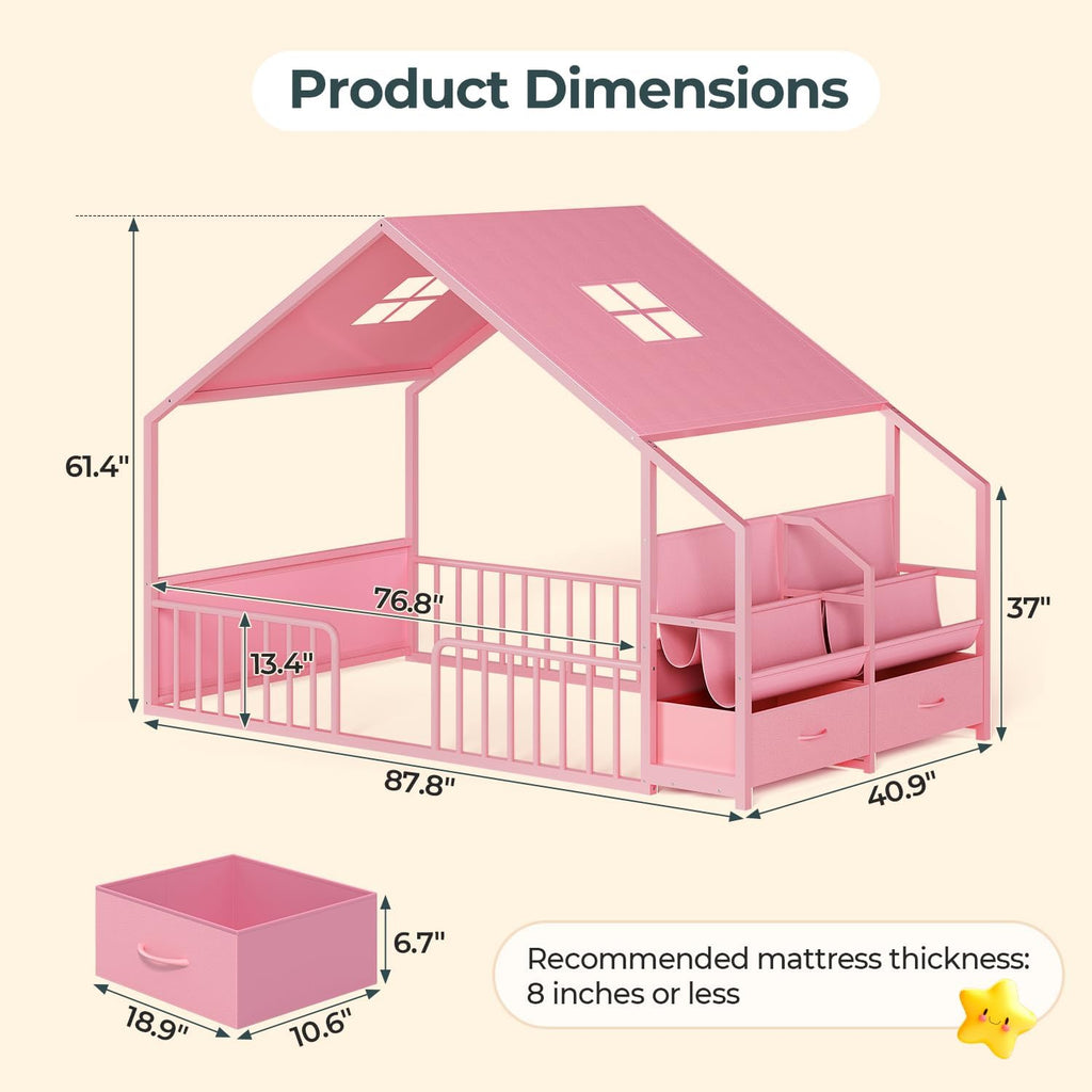 Montessori Twin Floor Bed, Safety Guardrail, Reading Nook, House Shape,Pink | Sling Bookshelves, Storage Drawers