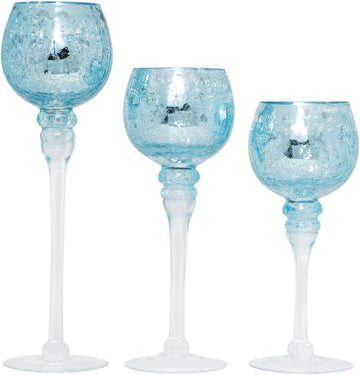 Elevate Ambiance with Set of 3 Crackle Blue Glass Tealight Holders 12 Inch, 10 Inch, 9 Inch Stylish Home Decor for