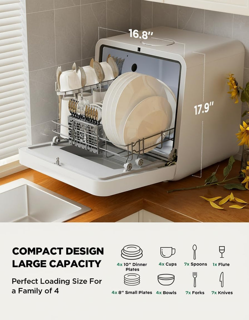 Portable Countertop Dishwasher, Smart App Control, Triple-Jet Cleaning, Built-In Dual Supply &Water Tank. Compact