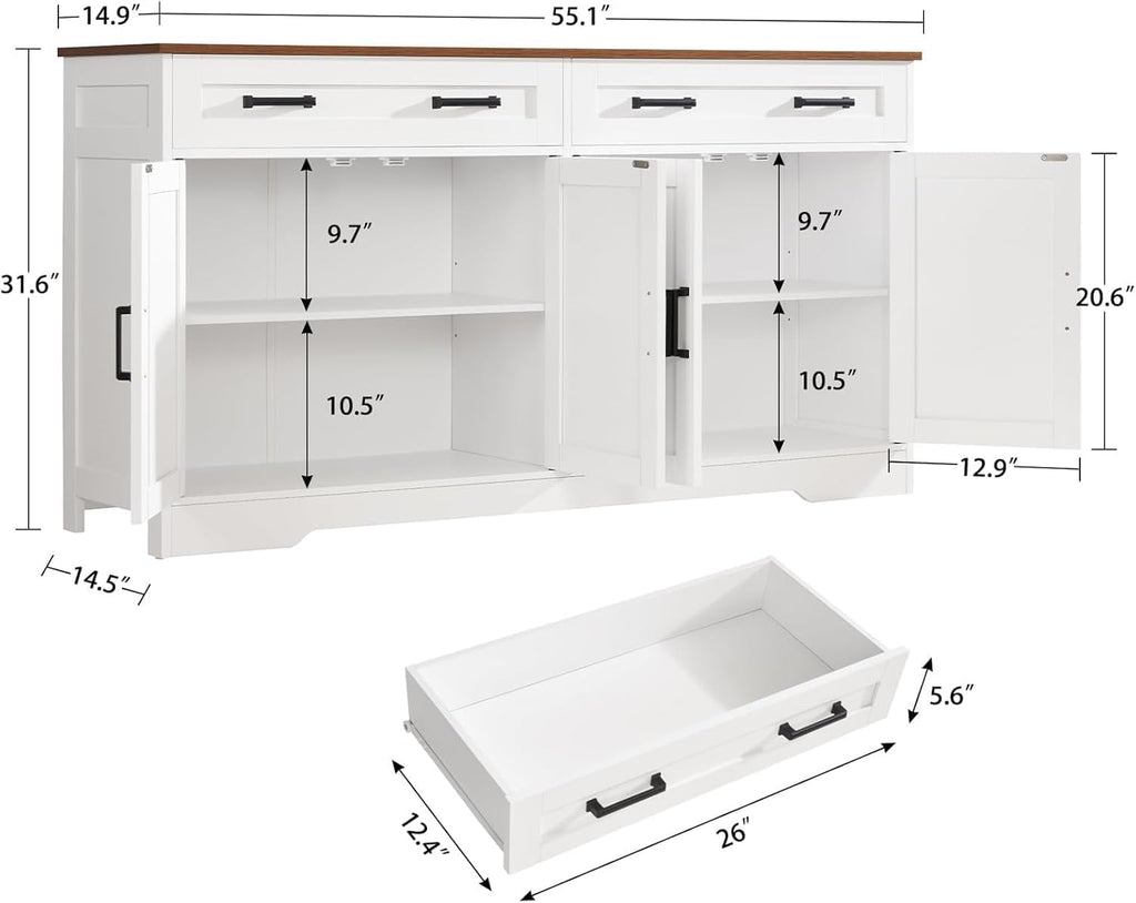 Buffet Cabinet with Storage and Drawers, 55" Large Sideboard Buffet Cabinet with Adjustable Shelves and Doors