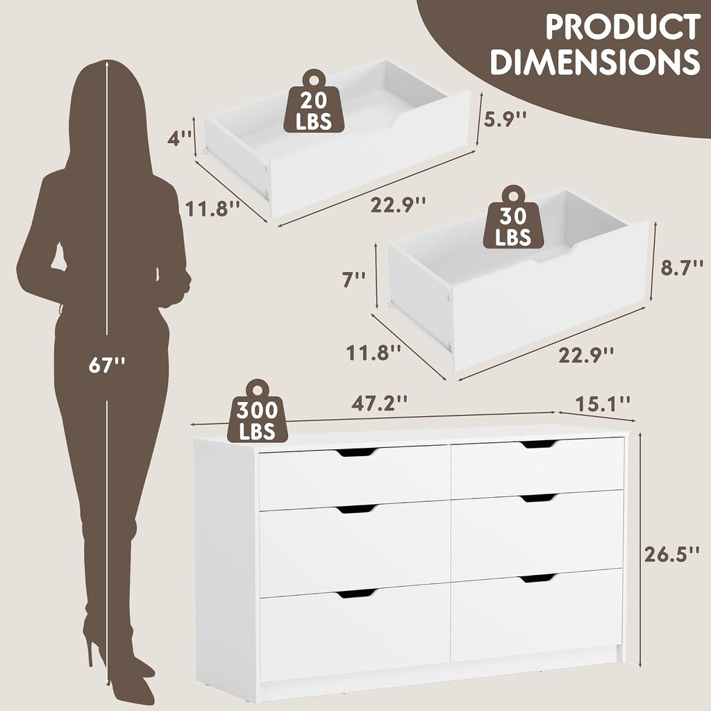 Dresser , 47.2" Modern Wood Chest with 6 Drawers, White | Two Drawer Sizes, Anti-Tip, Storage Cabinet & TV Stand