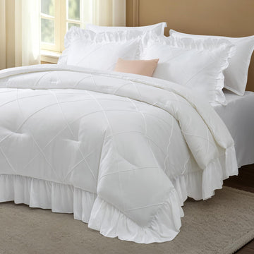 White Comforter Set, 7 Pcs Bed in a Bag Ruffle Bedding Set
