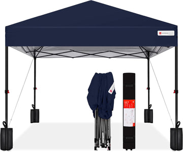 10x10ft Pop Up Canopy Tent, Outdoor Shade, 1 Person 1 Minute Set Up, Carry Case, 4 Weight Bags - Navy Blue