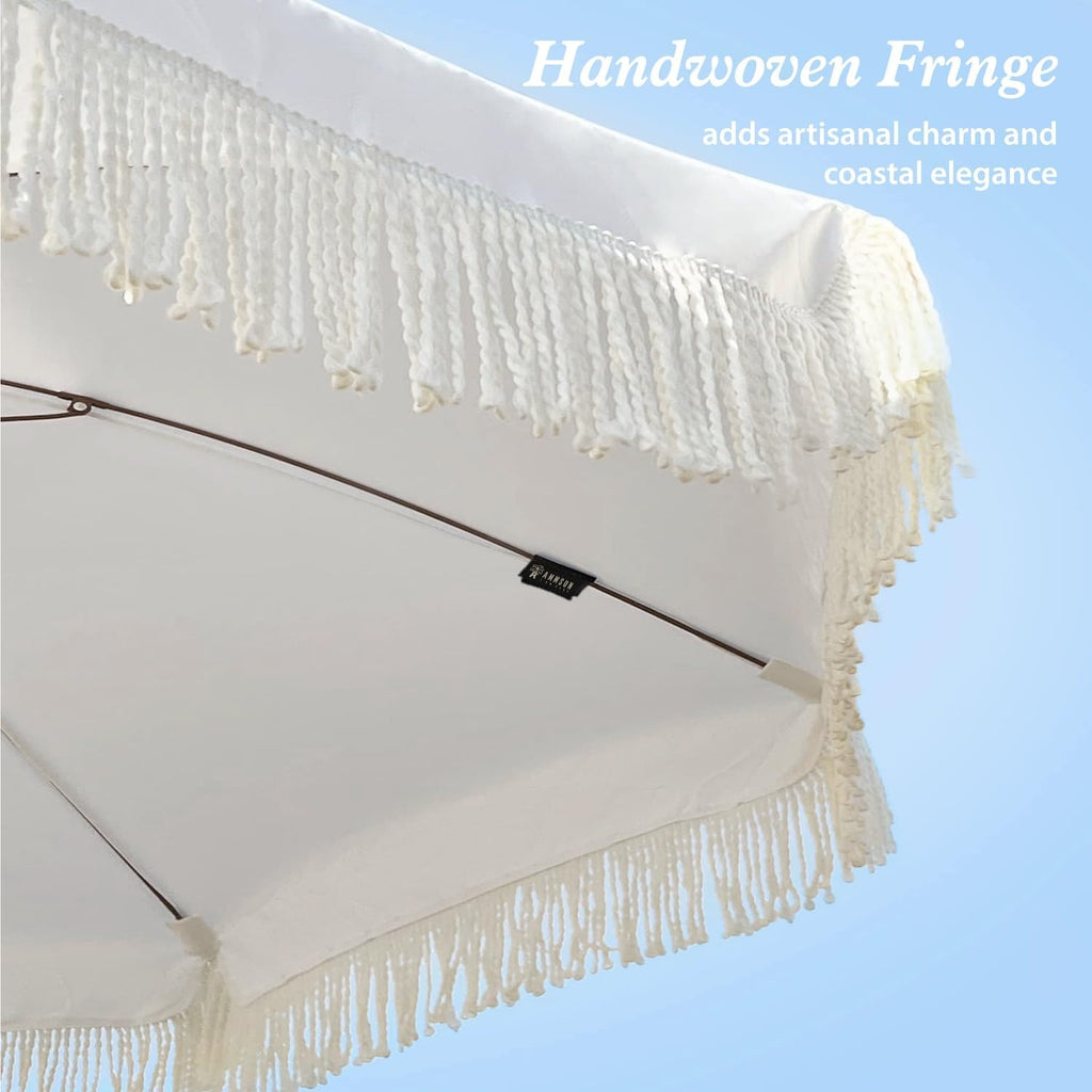 7ft Patio Umbrella with Fringe Outdoor Tassel Umbrella UPF50+ Premium Steel Pole and Ribs Push Button Tilt, Cream White