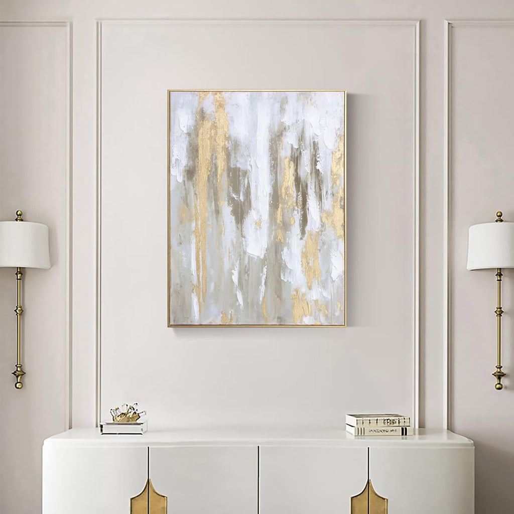 Gold Abstract Wall Art Decor - Framed Texture Paintings Modern Canvas Artwork with Hand-Painted Gold Foil for Modern