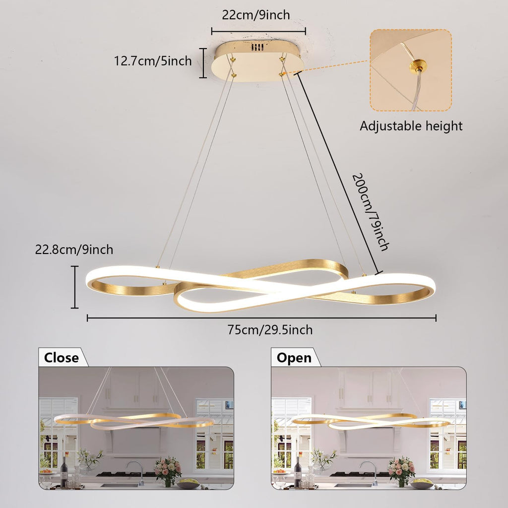Gold 29.53in Dimmable Modern LED Pendant Chandelier | Height adjustable design, remote control included, suitable for kitchen island, dining room indoor decorative lighting