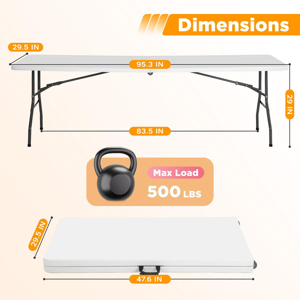 8FT Folding Table | White | Portable Plastic Table