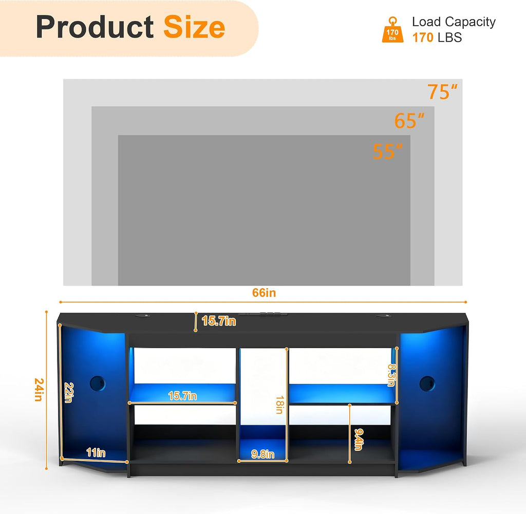 Modern TV Stand with LED Lights & Power Outlets for 75 inch TVs, Gaming Entertainment Center for PS5 Xbox, Media