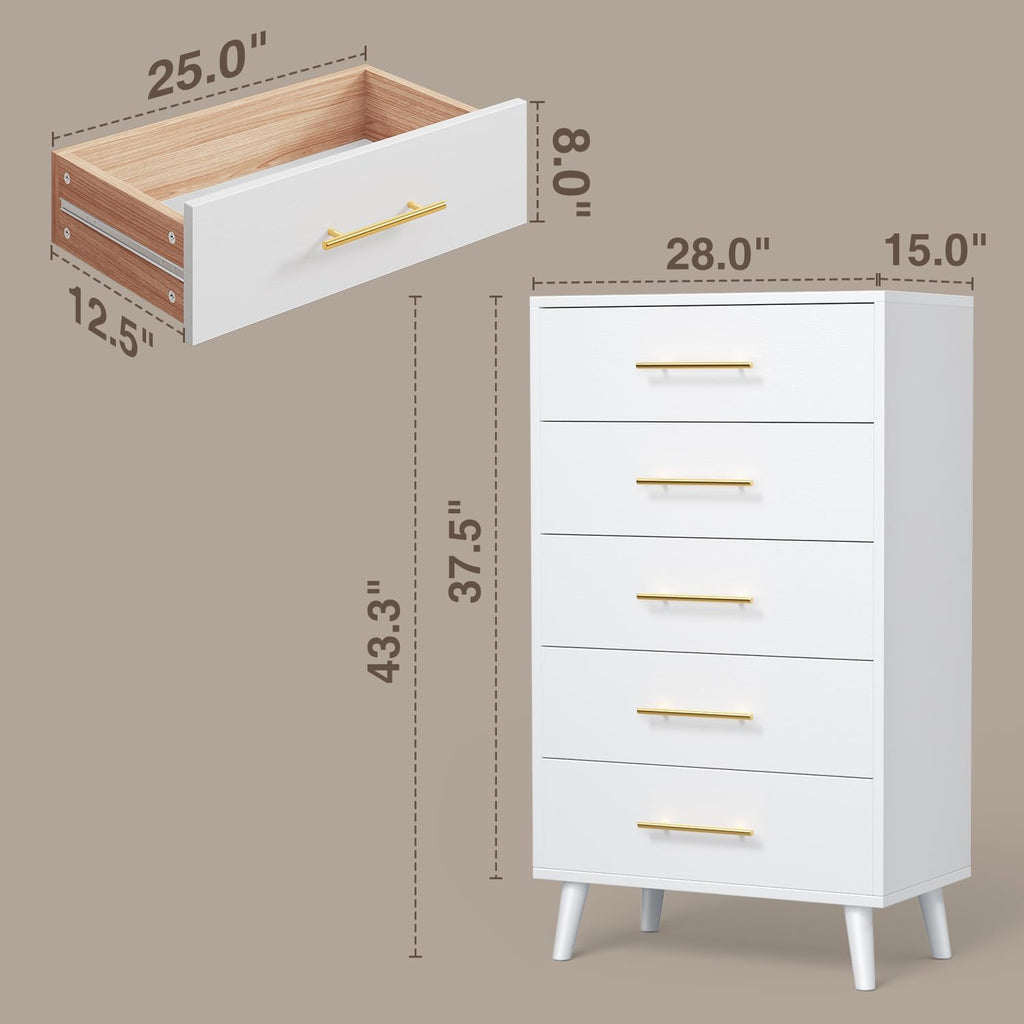 5 Drawer Dresser, Tall Dresser, White | Wood Dresser with Metal Handles for Organized Storage s, Hallways or Entryways