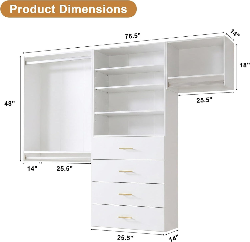 76.5" Modular Closet System, White MDF Walk-In Closet Organizer with Double Hanging Rods, Adjustable Shelves, 4