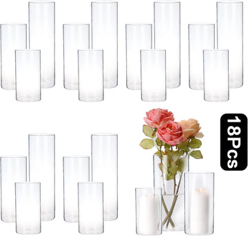 Hurricand Candle Holder 18 PCS, Glass Pillar Candle Holder, Clear Glass Cylinder Candleholder Glass Cylinder Vase for