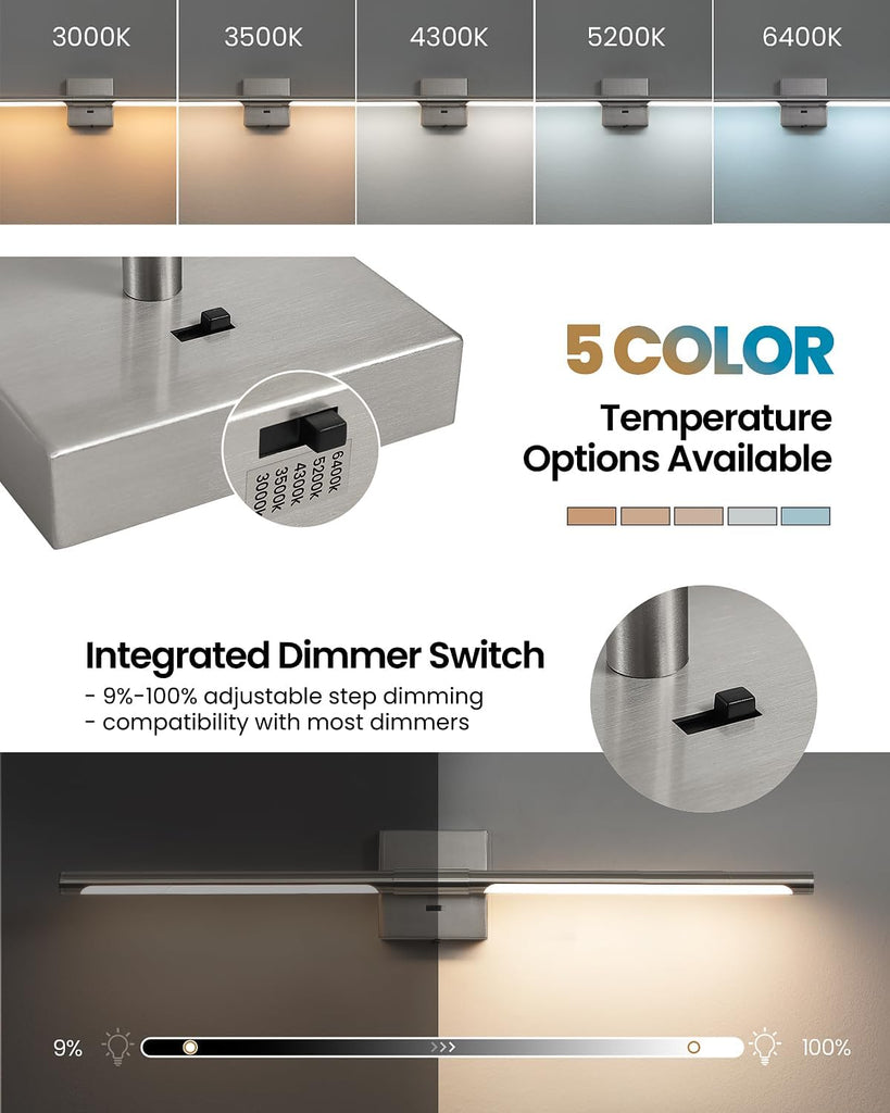 Brushed Nickel Vanity Light Fixtures Over Mirror 30 inch LED Bath Sconces IP44 5CCT Adjustable Morden Picture Lights