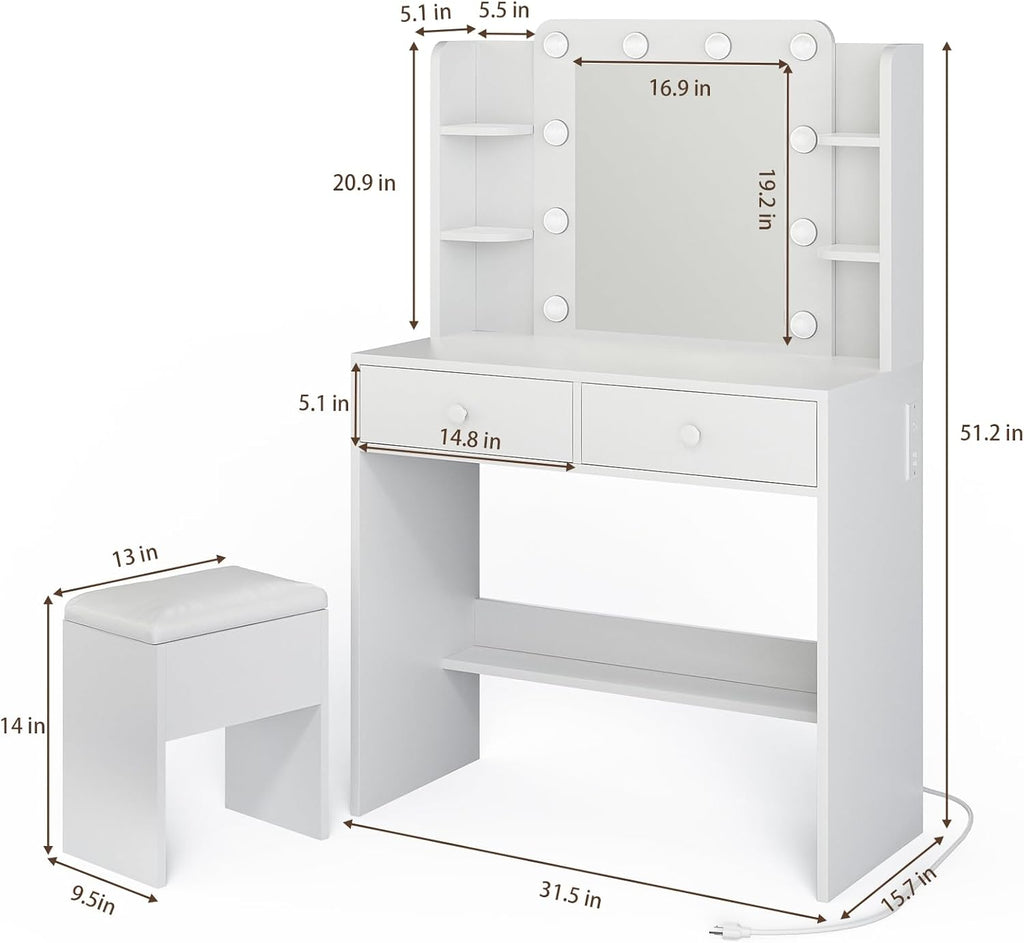 Makeup Vanity Desk with Lighted Mirror and Chair Set, White | 10 LED Light Bulbs, 3 Lighting Modes, Built-in Power