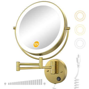 9" Wall Mounted Lighted 1X/10X Magnifying Mirror, Gold