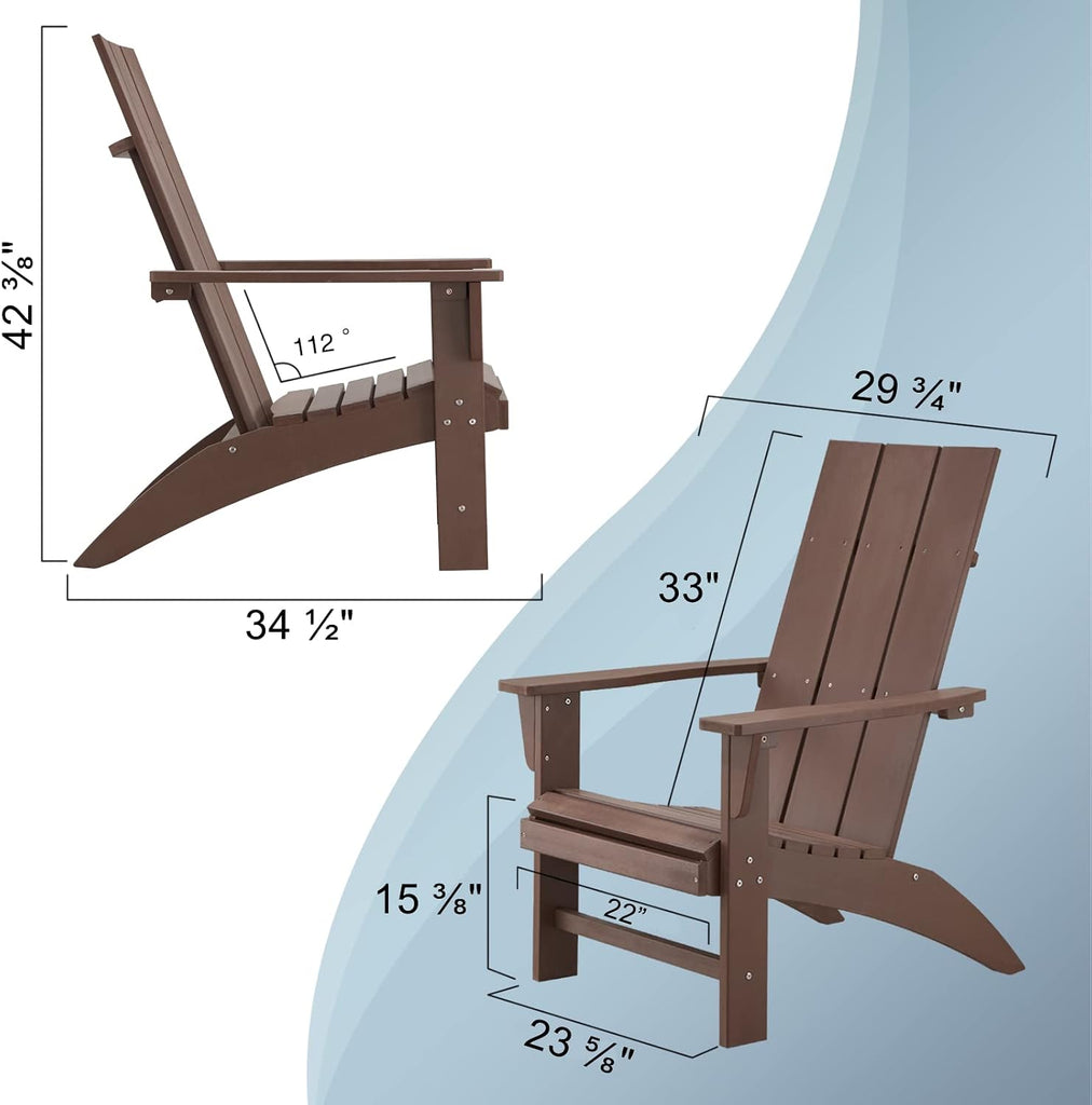 Modern Adirondack Chairs Set of 2, Oversized,Dark Brown | Poly Lumber Patio Chairs, Blue 350Lbs Support, All Weather