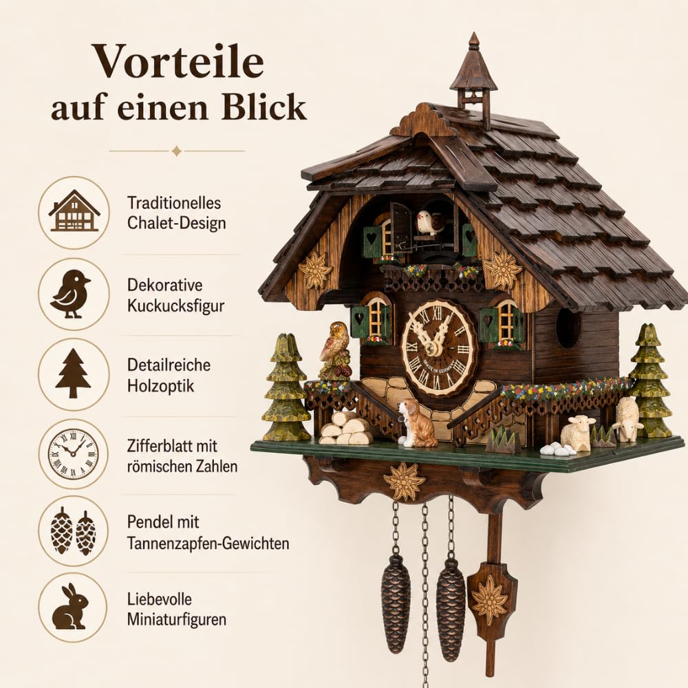 Saint Bernard Chalet Cuckoo Clock - 32 cm Quartz Clock, Traditional Black Forest House Design, Brown