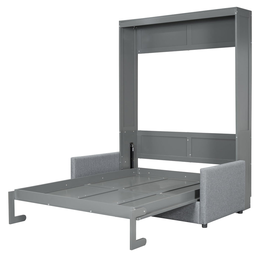 Full Size Murphy Bed, Wooden Full Murphy Bed with Cushion, Wall Bed with Sofa or Small Room, Gray