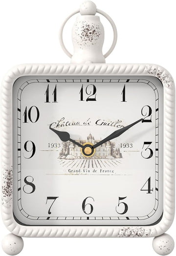 Vintage White Table Clock on Stand, Desk and Shelf Decor Clock, French Rustic Style Mantel Clocks for Farmhouse
