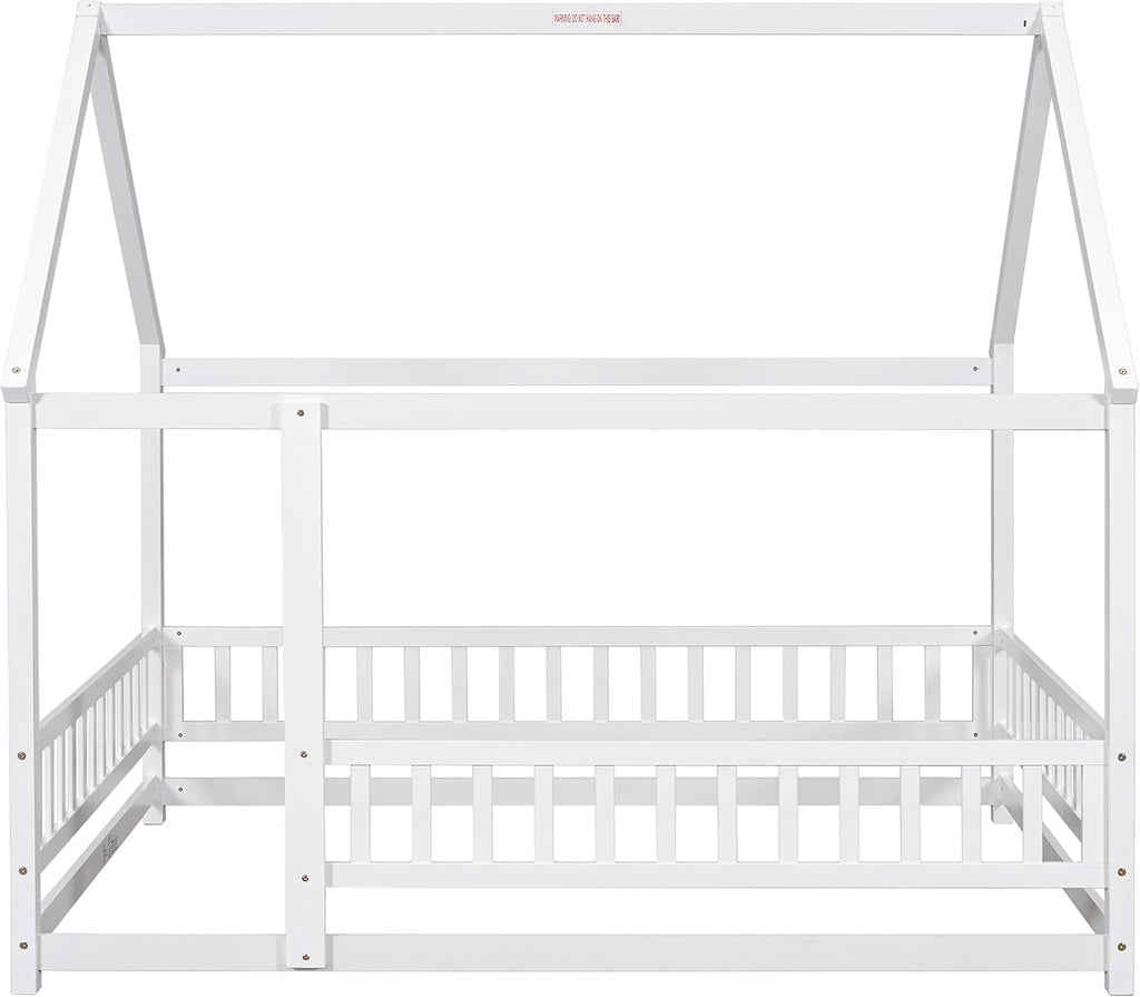 Full Size House Floor Bed,Wooden Montessori Bed with Fence and Roof for Kids,Playhouse Full Bed Frame for