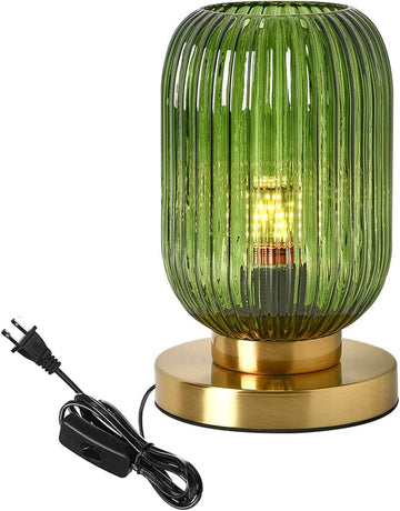 Glass Table Lamps Mid Century Modern Globe Table lamp Gold Desk lamp nightstand lamp with Green Pumpkin Design Ribbed