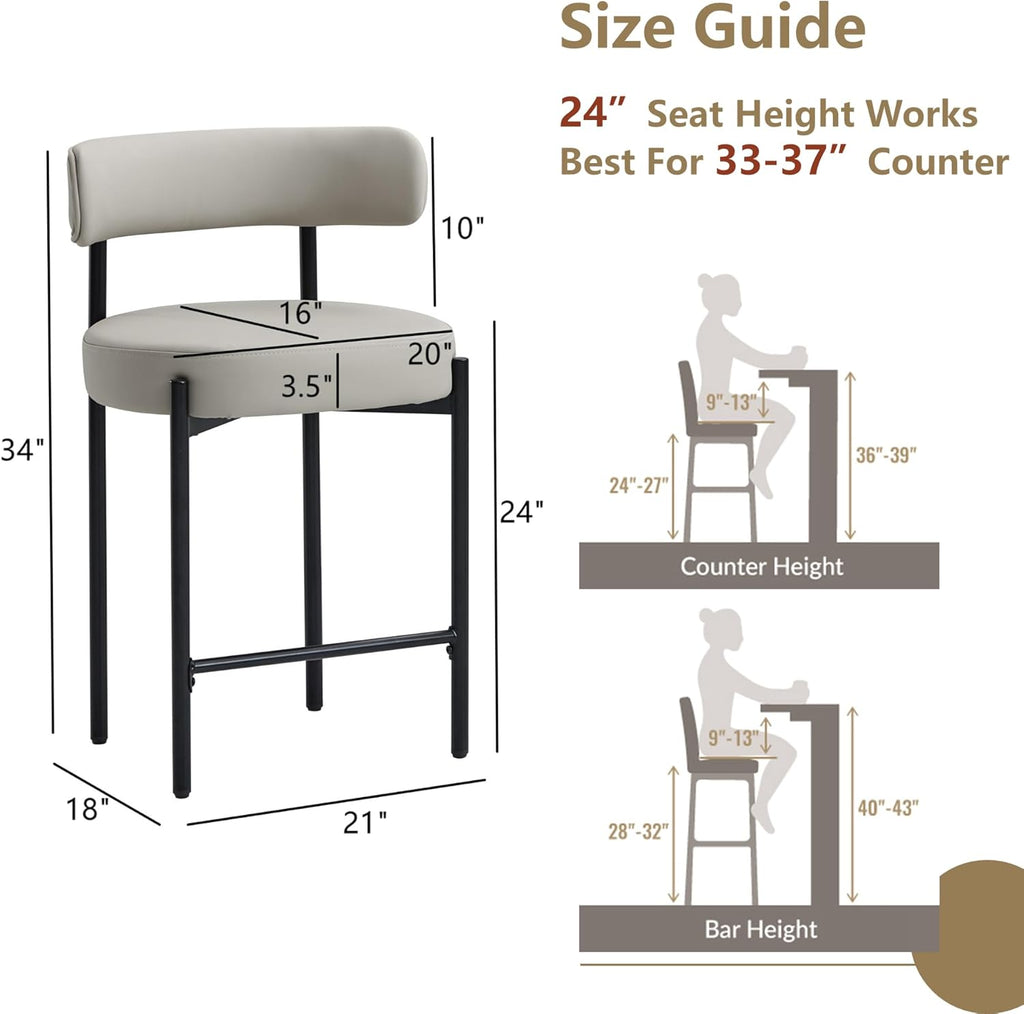 Counter Height Bar Stools Set of 3, 24'' Faux Leather Bar Stools with Back, Mid-Century Modern Bar Chairs