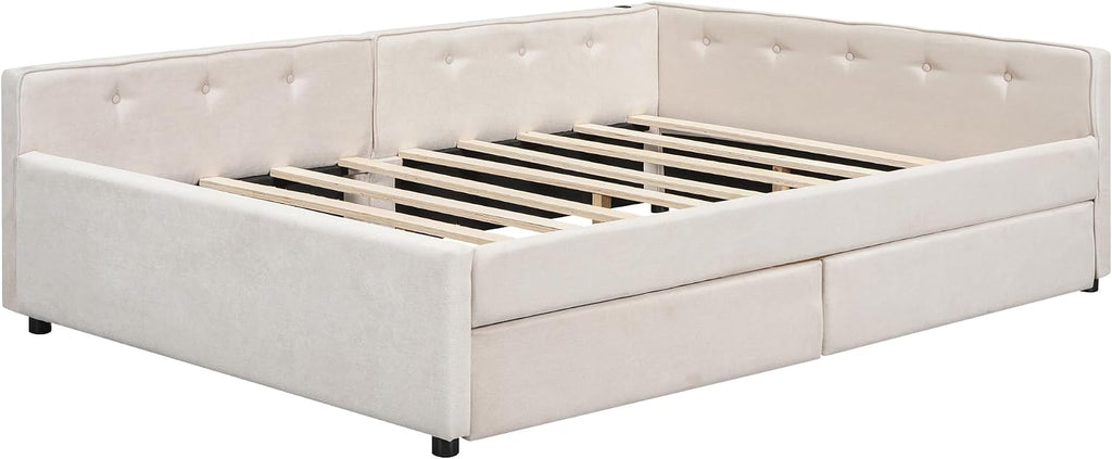 Queen Corner bedframe with Twin Twin Trundle and USB,Upholstered daybed, L-Shape daybed Living Room, Beige + Linen
