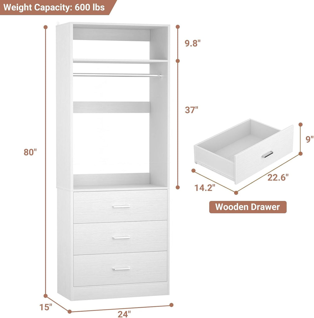 Freestanding 2FT Closet System with 3 Drawers,Wood Closet Organizer | 24" Closet Organizr system with Hanging Rod &