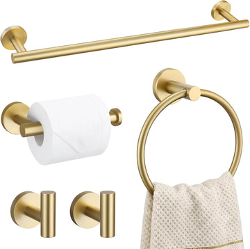 Brushed Gold 5 Piece Bathroom Hardware Set, SUS304 Stainless Steel 24 Inch Bath Towel Bar Set, Round Bathroom