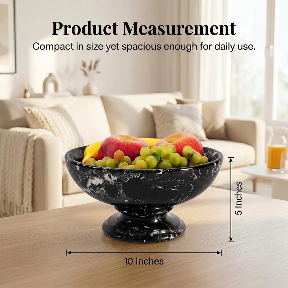 Marble Fruit Bowl Counter 10" Inches Black Decorative Bowl Table, Ideal Key Holder, Candy Dish and Marble Pedestal