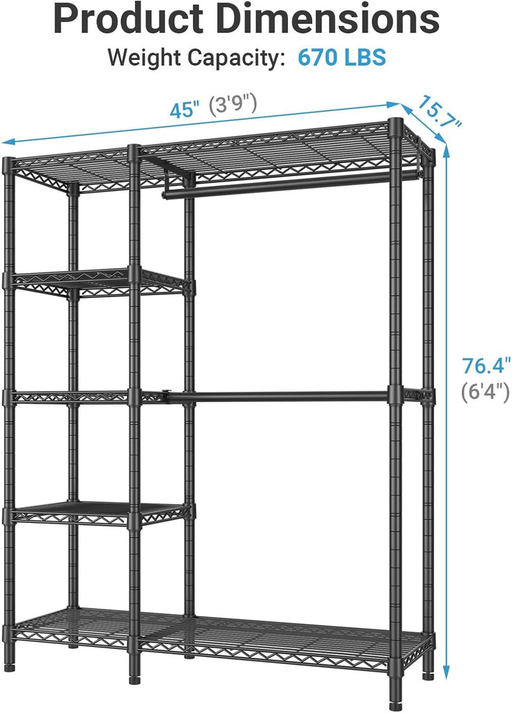 V7 Clothes Rack with Shelves Heavy duty Closet for Hanging Clothes | 5 Tiers Adjustable Wire Shelving, Double Hanging
