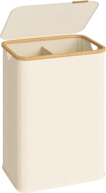 Laundry Hamper, Laundry Basket with Lid, Foldable Storage Basket, Bamboo Frame, Oxford Fabric, 37 Gal. (140 L), Cream