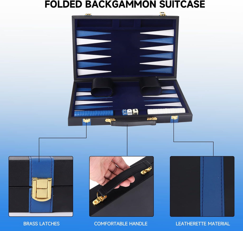 GSE Premium Leather Backgammon Board Game Set, Black&Blue, Large