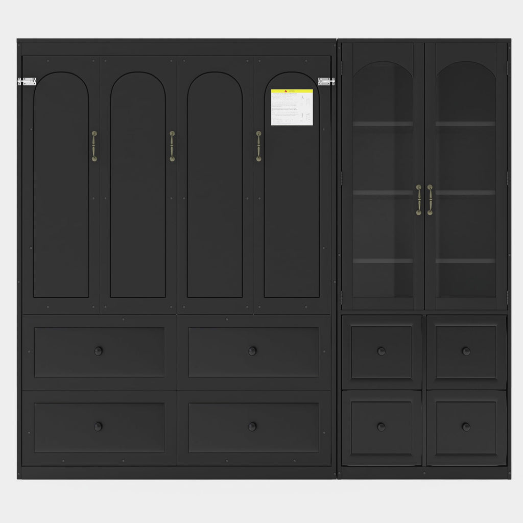 Queen Murphy Bed with Storage Drawers and Cabinet, Solid Wood Foldable Hidden Vertical Murphy Wall Bed with Storage