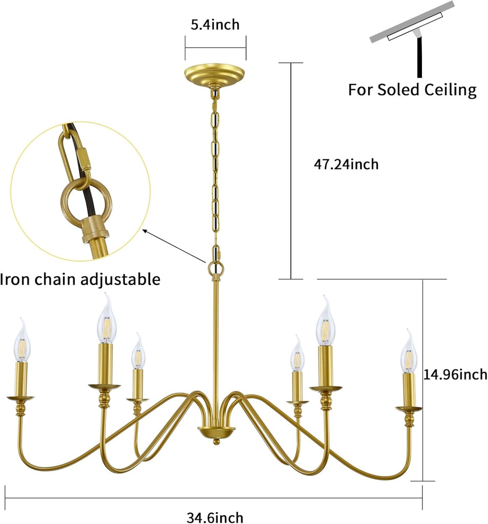 Gold Chandelier, 6-Light Chandelier for Dining Room, Bedroom, Foyer, Living Room, Kitchen Island, Entryway, Office, Bar,Farmhouse DŽcor