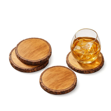 Wooden Coasters Set of 4 with Natural Bark Edge - Rustic Wood Drink Coasters for Coffee, Tea, Wine Glasses - Heat