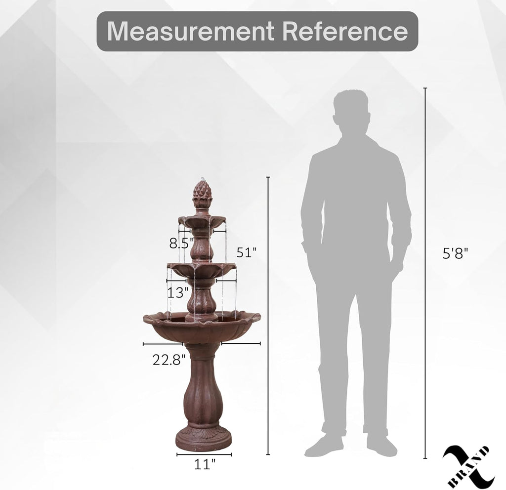 51" 3-Tier Outdoor Waterfall Fountain, Weather-Resistant Resin Freestanding Water Feature with Pump, Brown