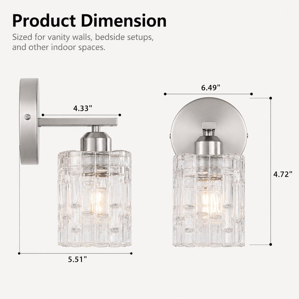 2-Pack Nickel Crystal Bathroom Vanity Lights, 1-Light Wall Sconce Fixture for Over Mirror, Modern Wall Mount