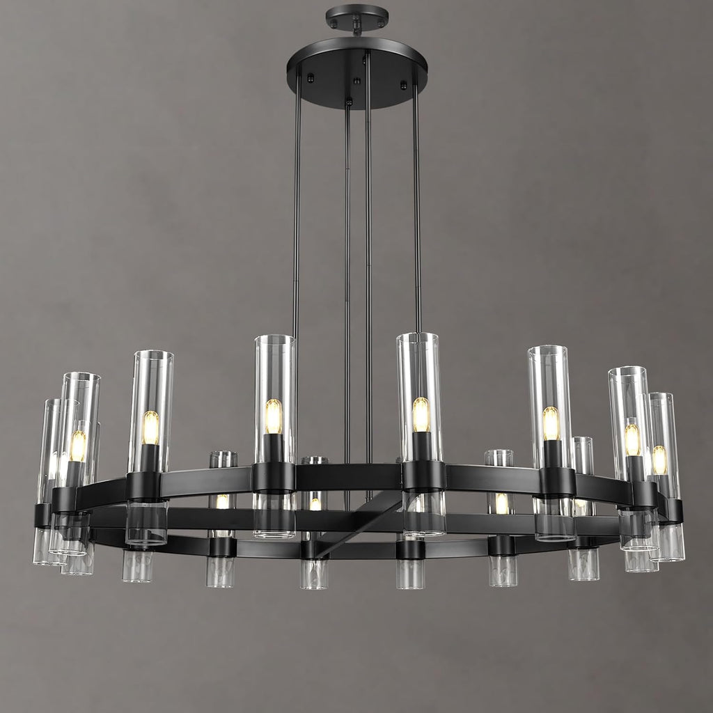Modern 48" Black Wagon Wheel Chandelier, Black Farmhouse Chandeliers for Dining Room,16-Light Round Living Room Chandelier with Glass Tube for Bedroom,Staircase, Foyer, Entryway, Includes Bulbs A115-B0CQKD6SH5