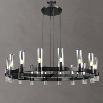 Inspired Ravelle Style Modern 48" Black Wagon Wheel Chandelier, Black Farmhouse Chandeliers for Dining Room,16-Light Round Living Room Chandelier with Glass Tube for Bedroom,Staircase, Foyer, Entryway, Includes Bulbs