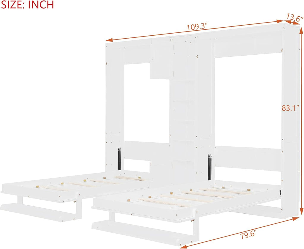 110W Dual Twin Wall Murphy Beds with Cabinets and Shelves,Sleeping Arrangement for Multipurpose Area, Bedroom, Guest