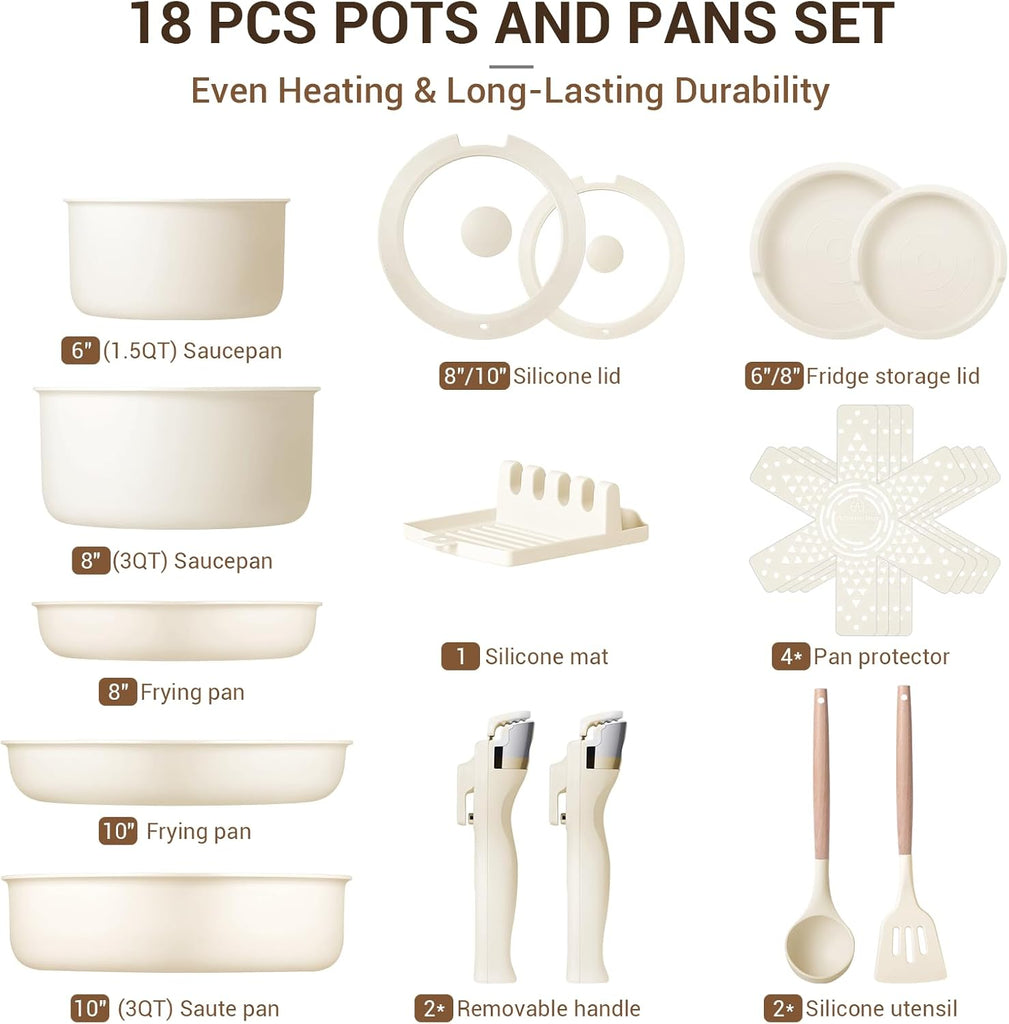 18-Piece Ceramic Pots and Pans Set Non Stick, Non Toxic Cookware Set with Removable Handles, Pot Sets for Cooking