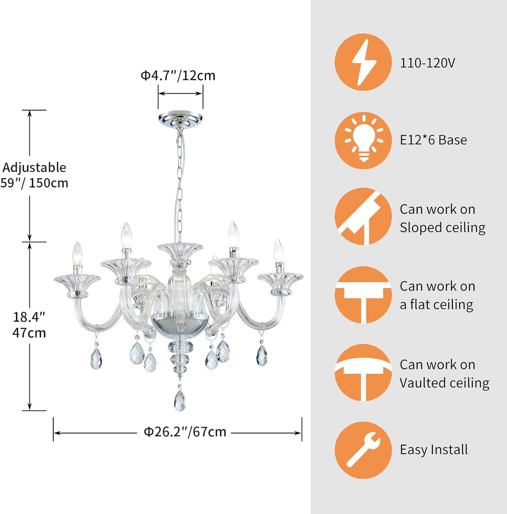 6 Light Crystal Chandelier, Modern Dining Room Lighting Fixture, Clear Pendant Light with Crystal Ball for Bedroom Livingroom, D26xW26xH18, E12 Socket