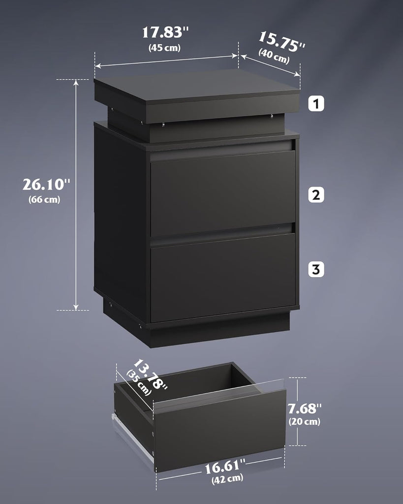 Black LED Nightstand with Charging Station, 26 Inches Night Stand with Sliding Top, 2 Drawers, 29 Colors and